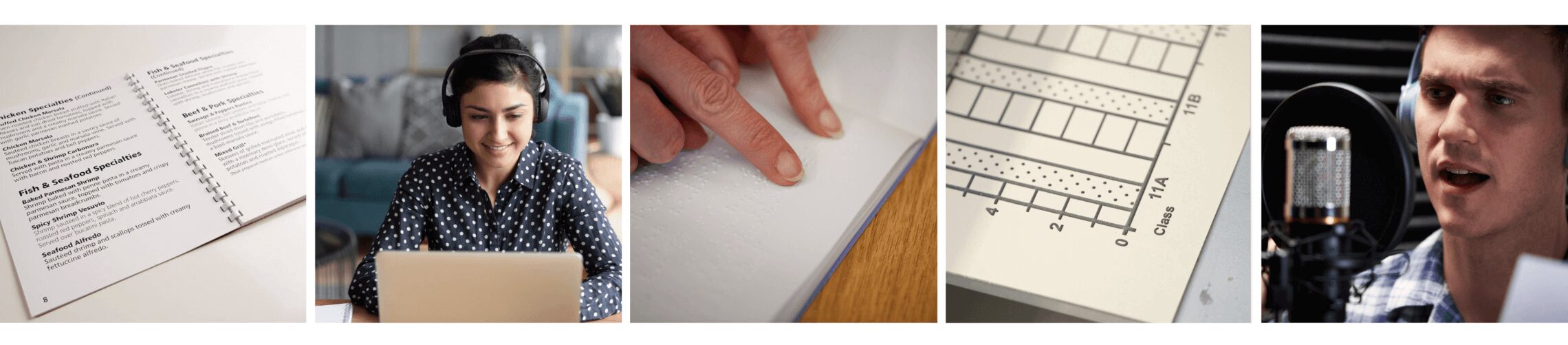 A strip of 5 images showing documents in Large print, Accessible PDF, Braille, Tactiles, Audio.